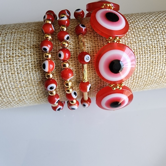 Red and Gold Evil Eye Bracelet Set - Picture 2 of 4